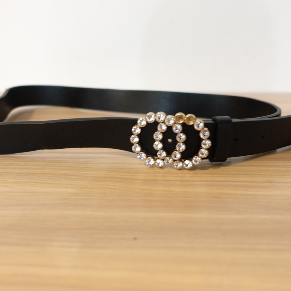 Y2K Bling Glam Waist Belt Womens S Black Faux Leather Rhinestone Buckle ALDO